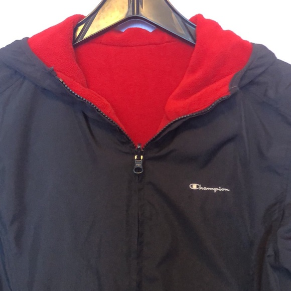 CHAMPION REVERSIBLE BLACK/RED FLEECE & NYLON HOODIE/JACKET • sz M - Picture 5 of 17